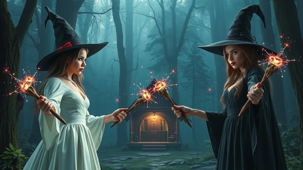 Witches' Duel in Mystical Forest, Fantasy Concept Art