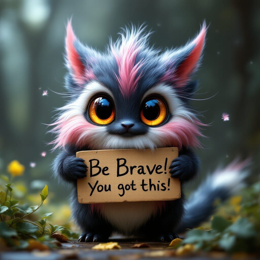 Fluffy Mythical Creature Holding 'Be Brave!' Sign