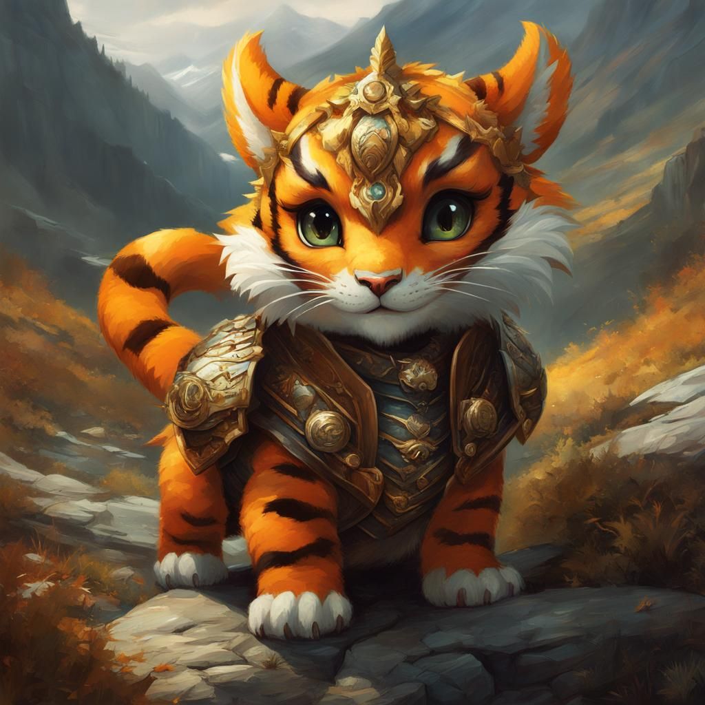 Chibi Dragon as Tiger in Mountain Landscape