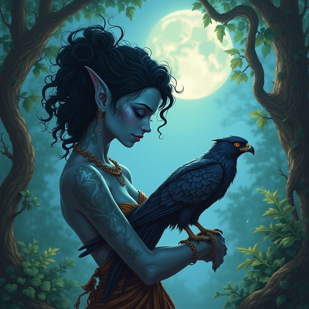Whimsical Moonlit Tiefling Druid with Kestrel