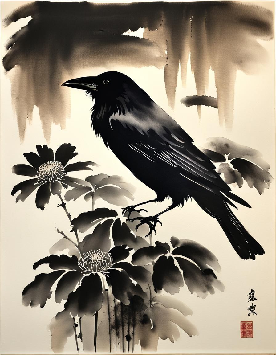 Raven and Chrysanthemum in Sumi-e Style