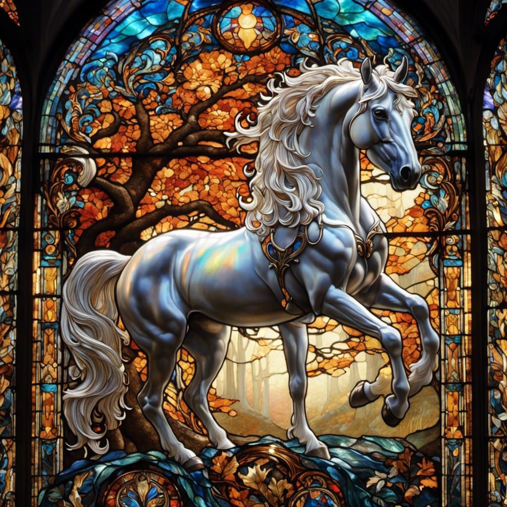 Iridescent Stained Glass Fall Unicorn in Fantasy Style