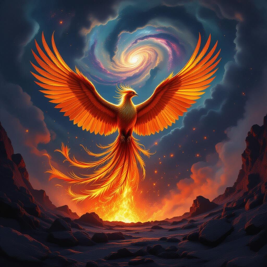 Phoenix Erupts From Volcano in Cosmic Digital Painting