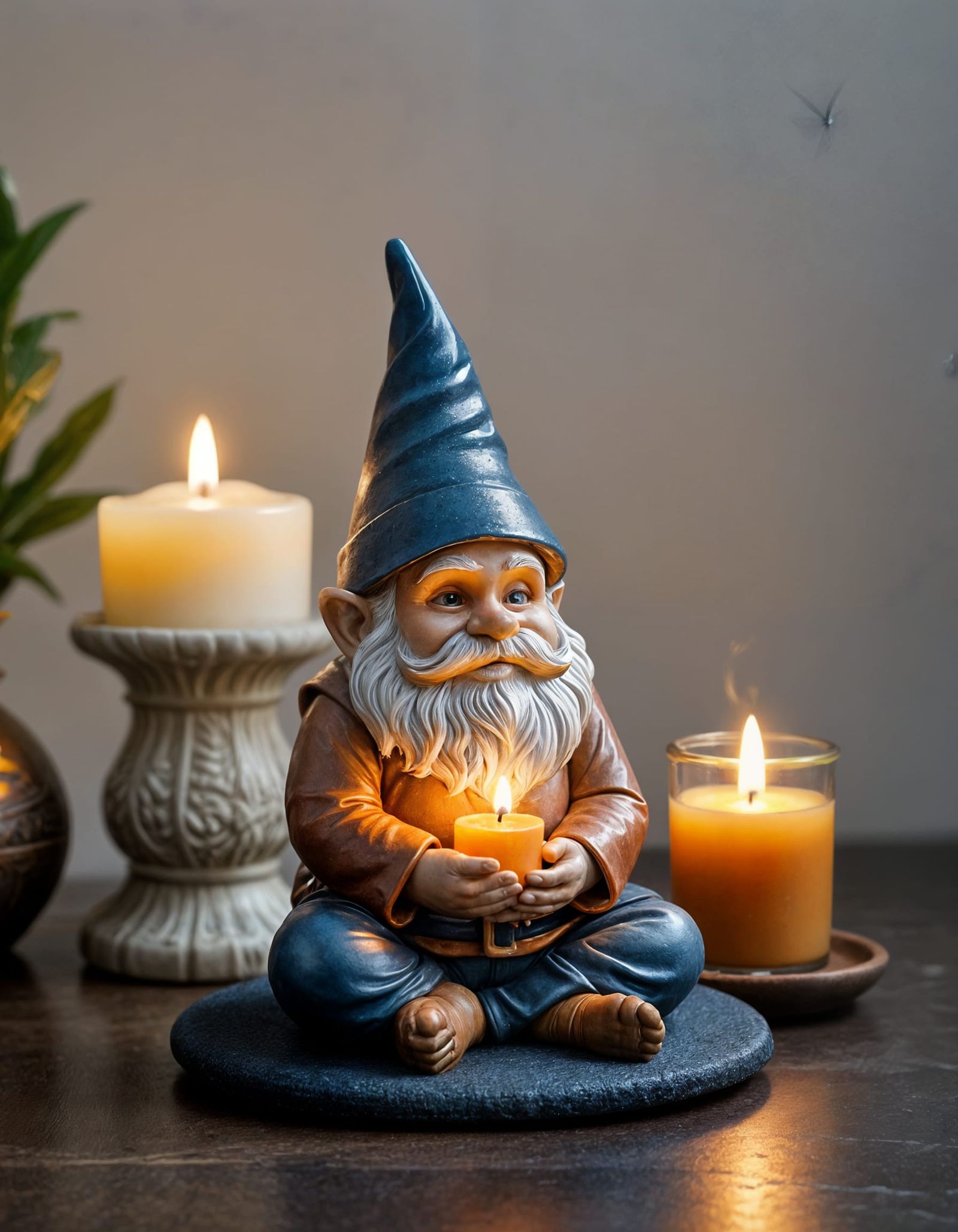 Meditating Garden Gnome with Amber Candle