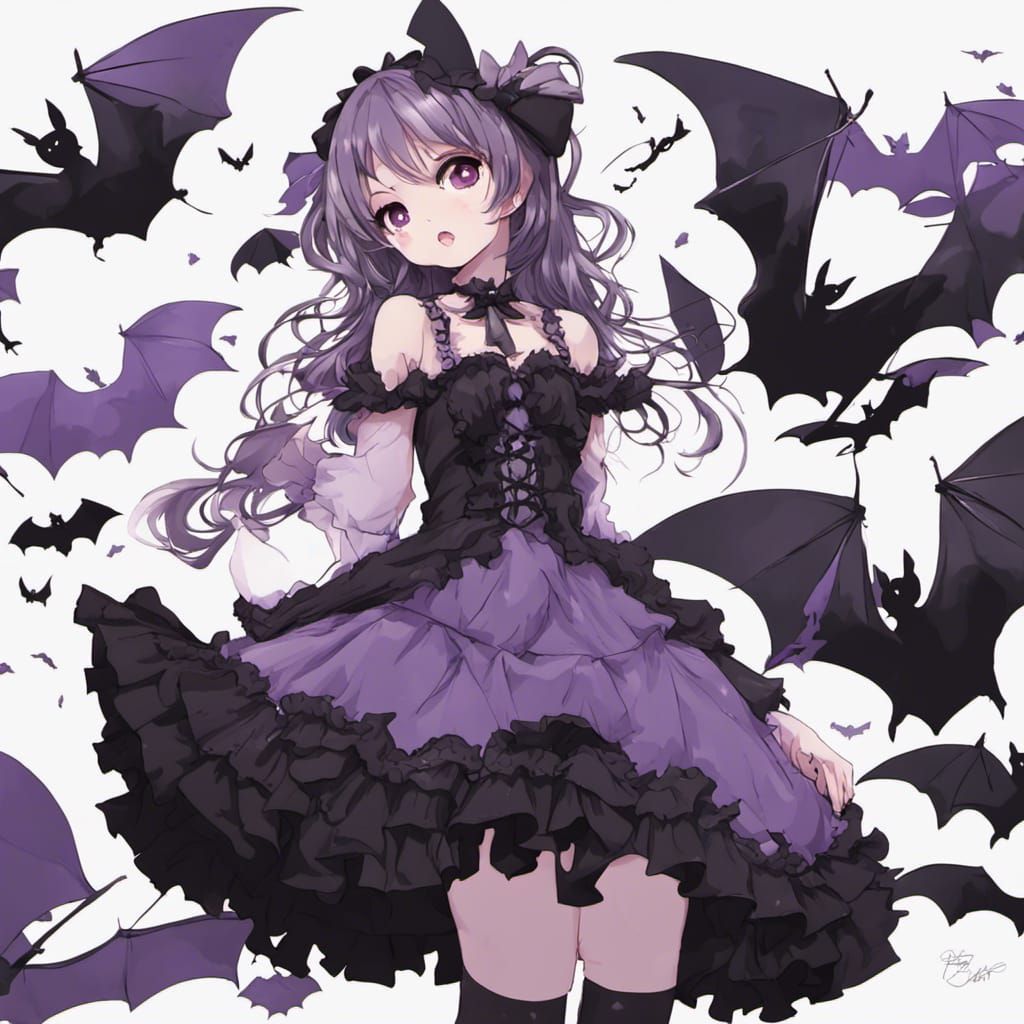 Gothic Girl with Bats in Anime Style