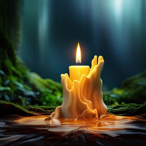 Melting Candle on Forest Rock: Detailed Close-Up