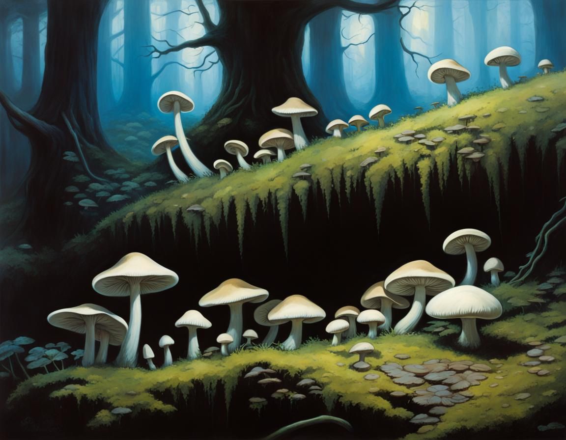 Glowing Mushrooms in Dark Fantasy Oil Painting