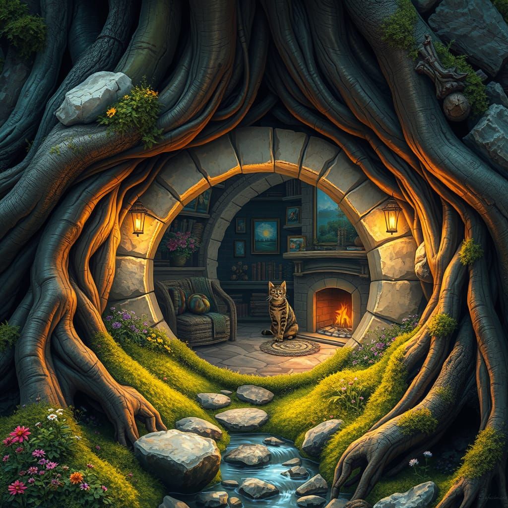 Cozy Hobbit Hole with Cat in Astral Cosmic Style