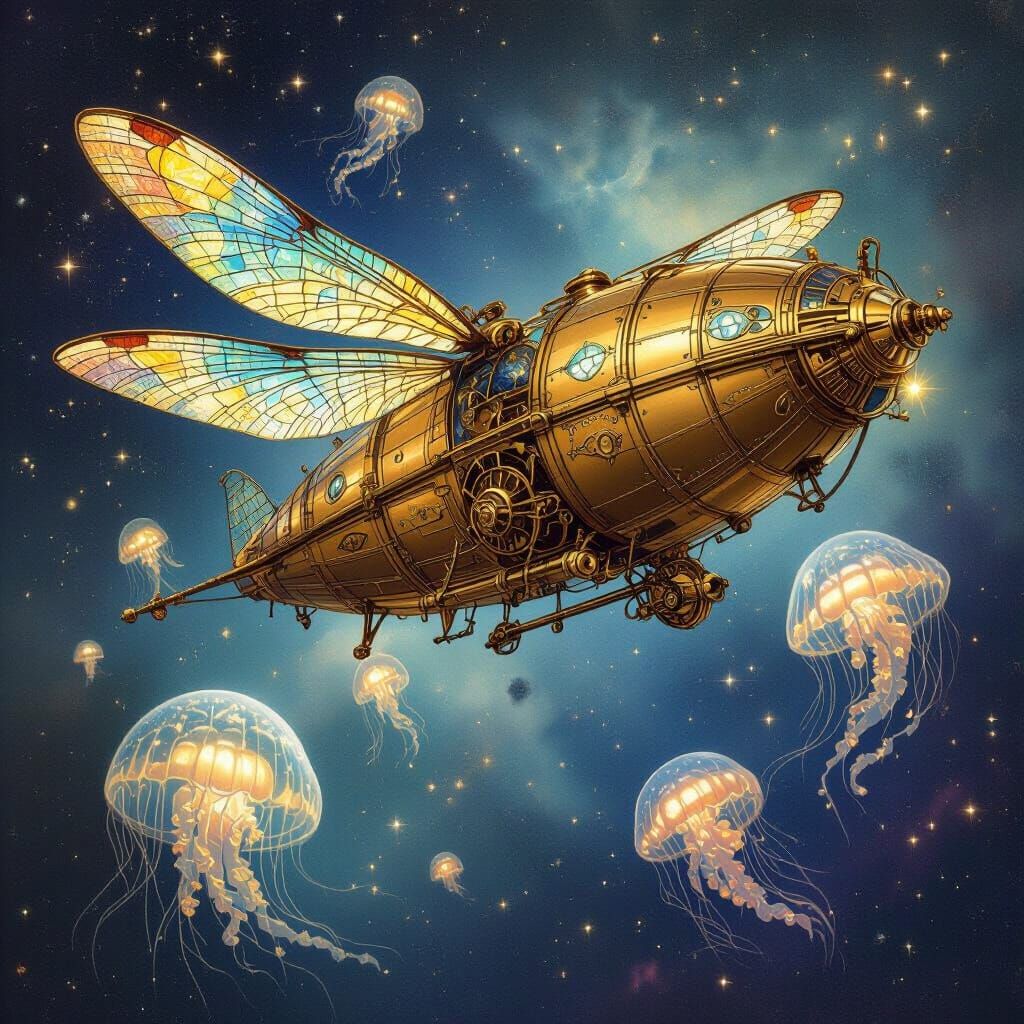 Steampunk Dragonfly Airship in Nebula, Vintage Illustration
