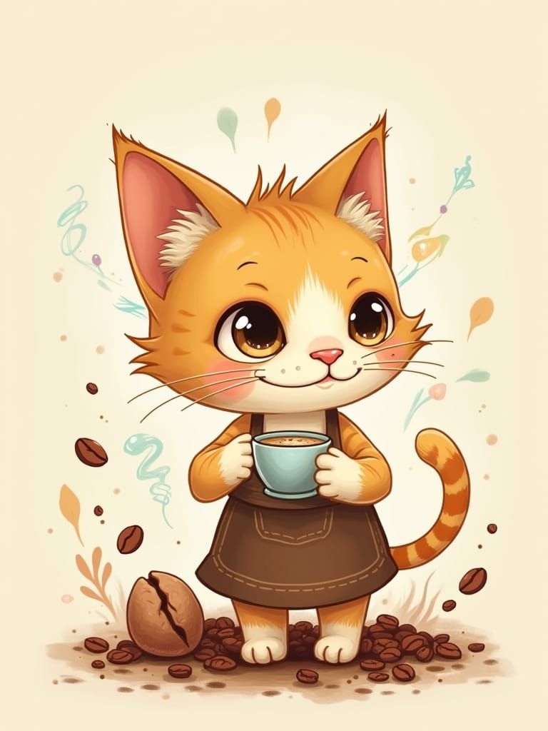 Adorable Whimsical Kitty Serves Coffee in Pastel Paradise