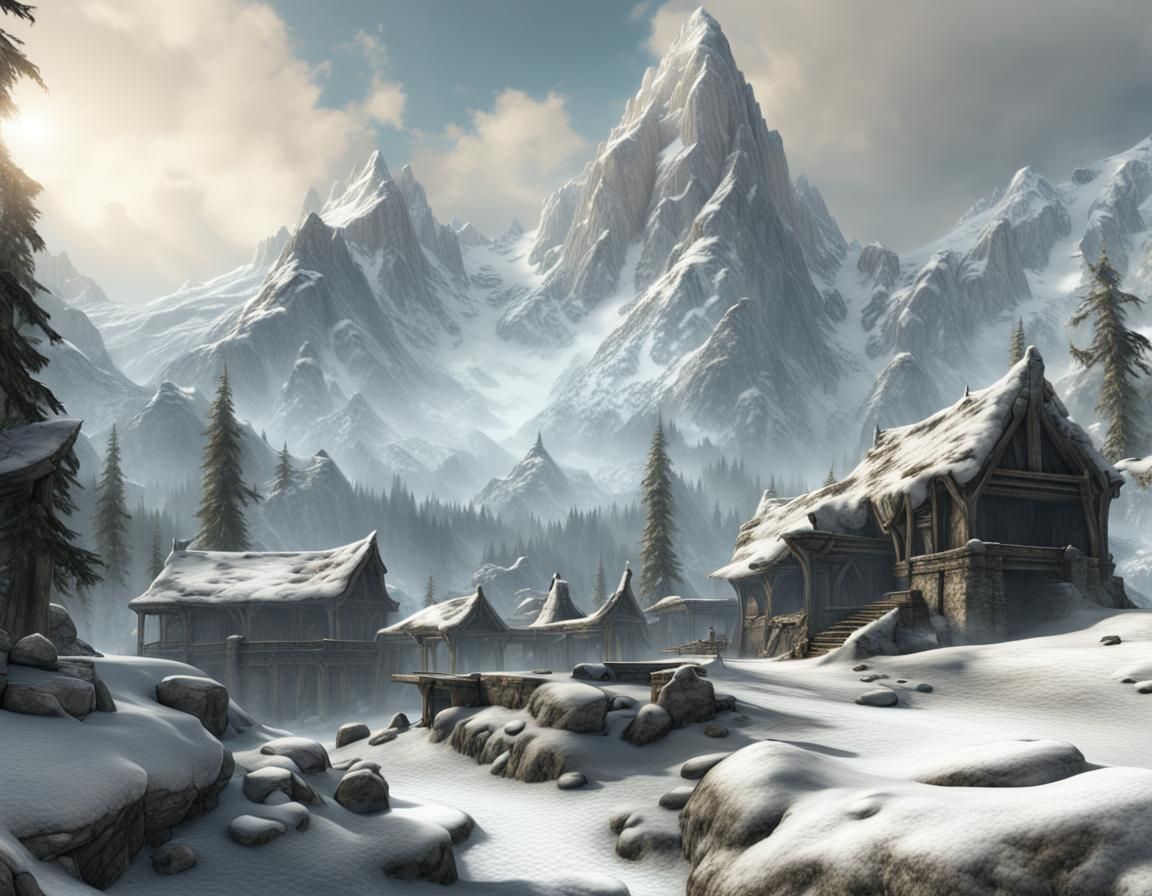 Skyrim's Snowy Landscape in Realistic Painterly Style