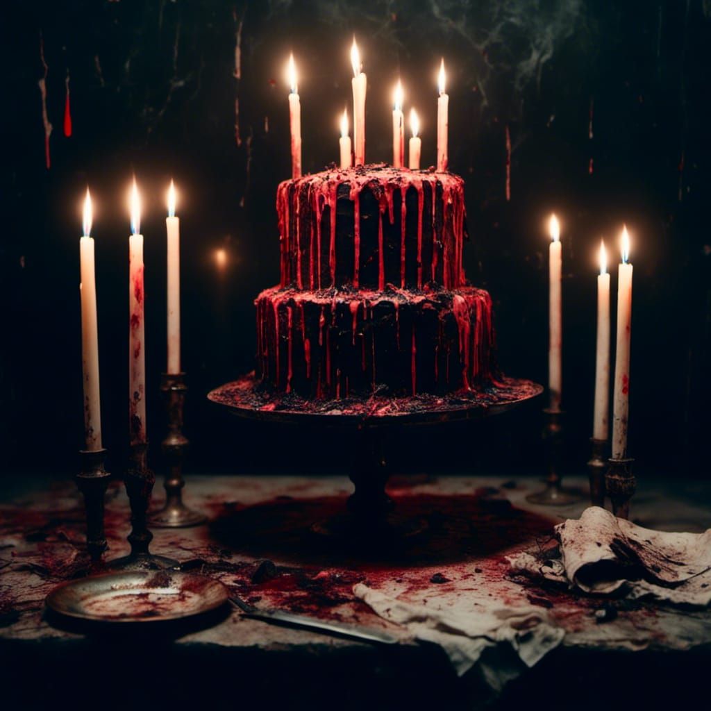Macabre Birthday Cake with Lit Candles