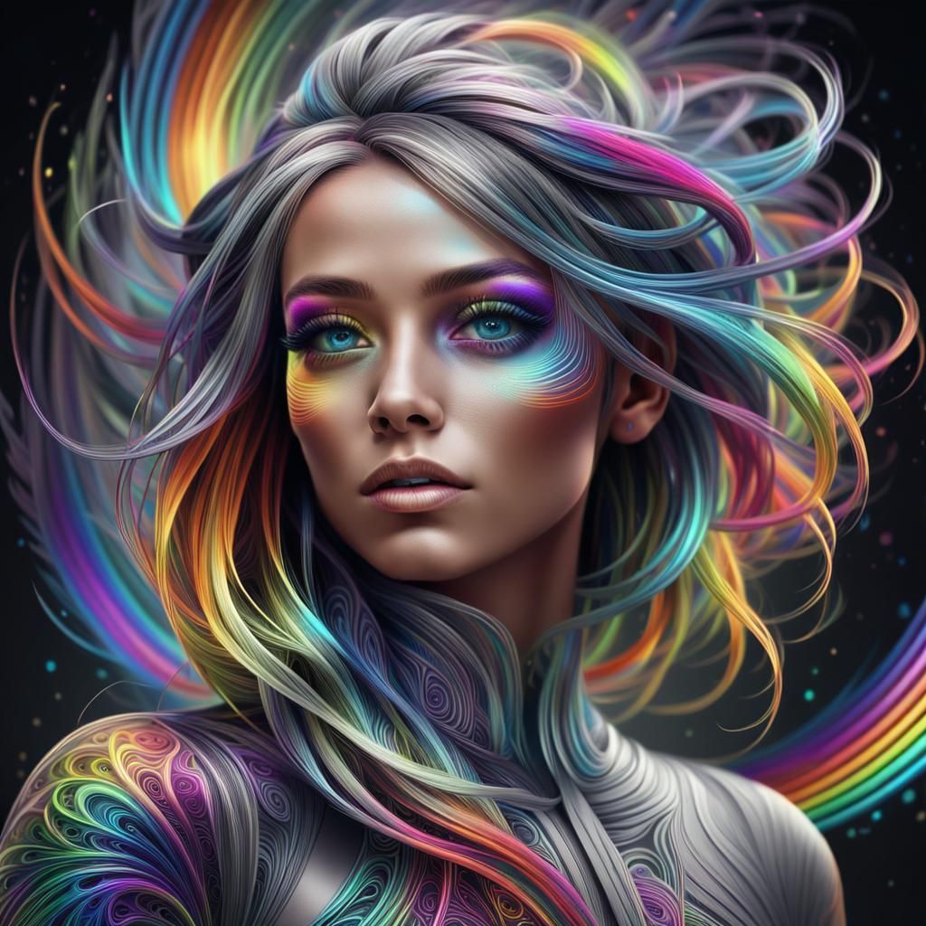 Girl with Rainbow Hair in Vibrant Greyscale Portrait