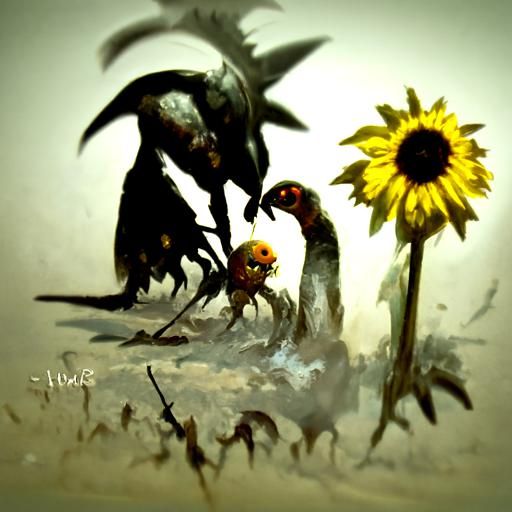 Sinister Corndog Sunflowers with Birds and Worms