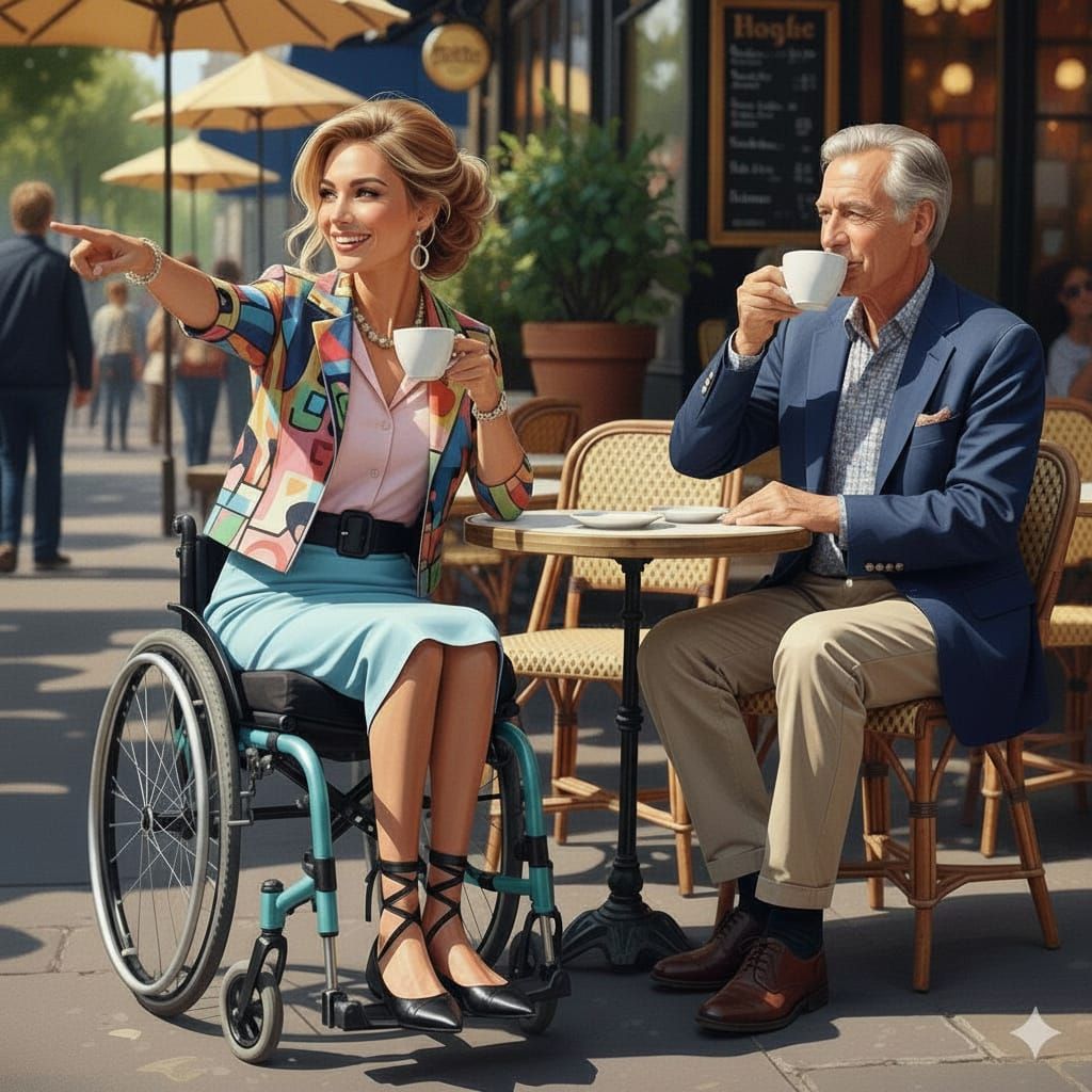 Paraplegic Woman Enjoys Cafe with Grandfather