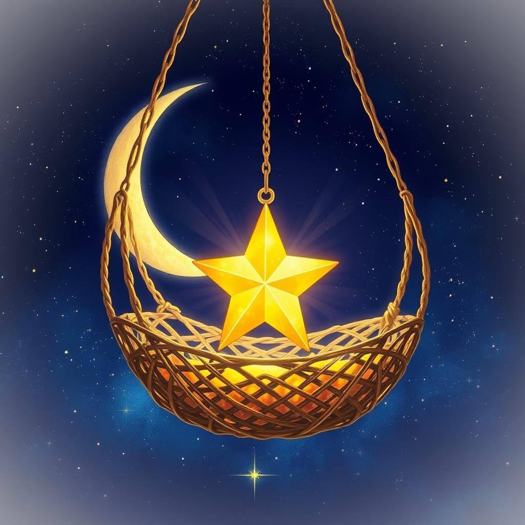 Golden Star in Celestial Cradle Under Indigo Sky