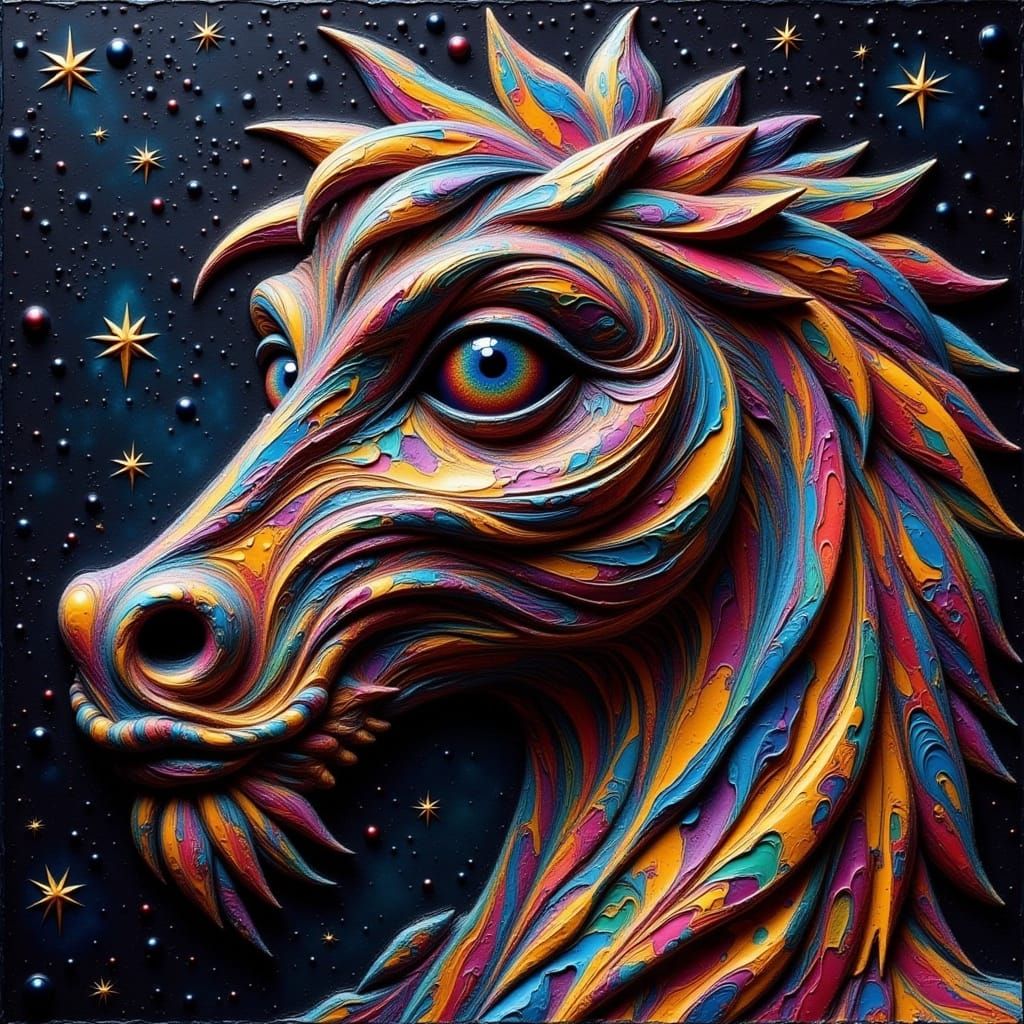 Vibrant Rocking Horse in Cracked Stained Glass Style