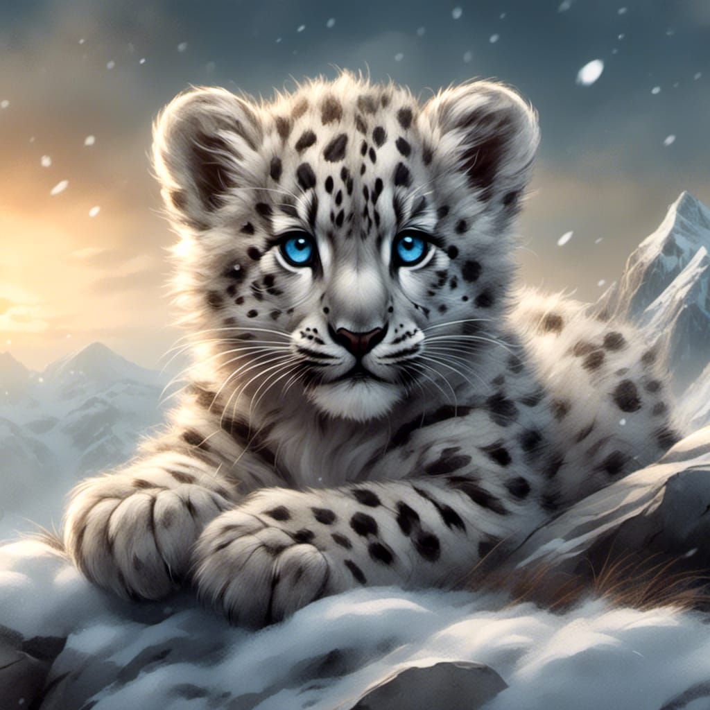 Snow Leopard Cub in Charcoal and Ink Style
