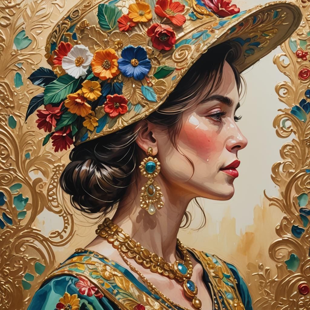 Woman in Embroidered Hat: Gouache Impressionism Portrait