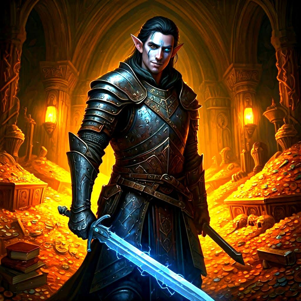Half-Elf Rogue in Crypt with Lightning Sword