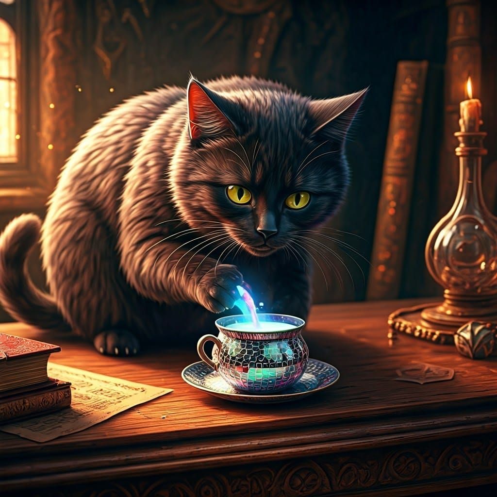 Mysterious Black Cat Sips Glowing Milk from Mosaic Cauldron