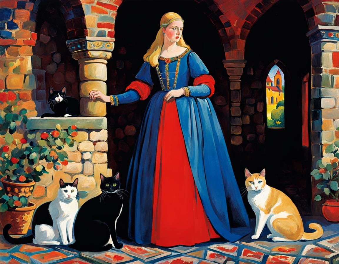 Kriemhild in Medieval Castle with Cats, Fauvism Style