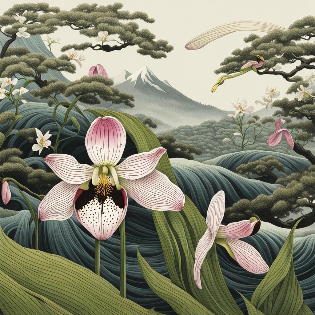 Lady Slipper Plant: Hyperrealistic Ukiyo-e Illustration