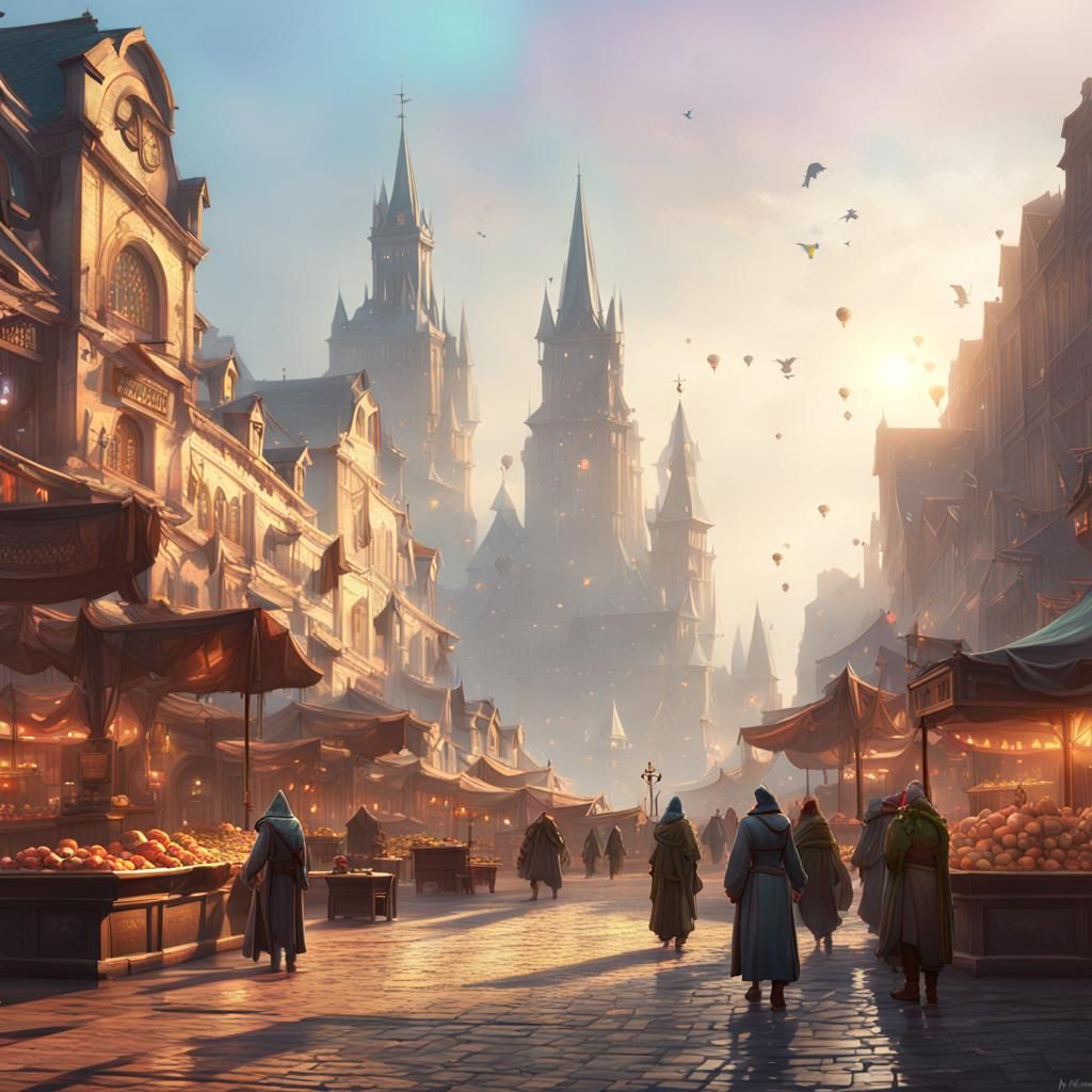 Fantasy City Market Square: Dynamic Lighting, Hazy