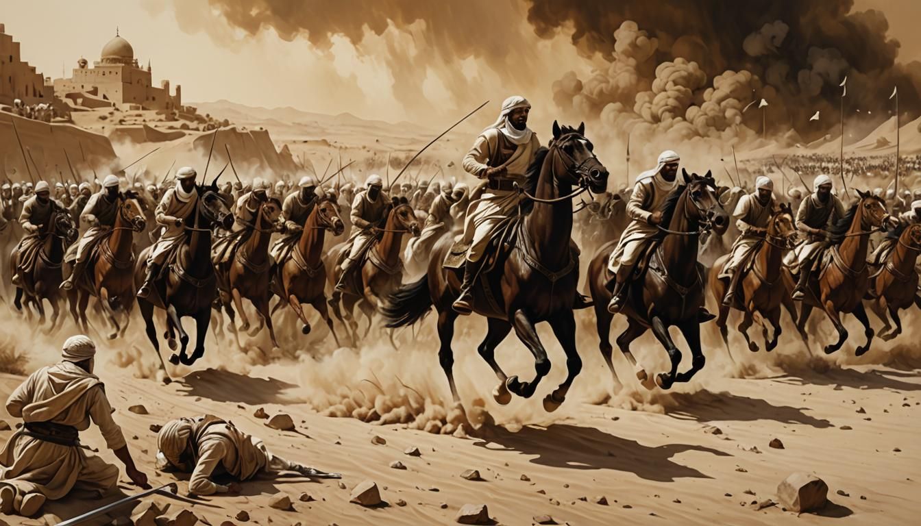 Battle of Badr: Sepia-Toned Chiaroscuro Illustration