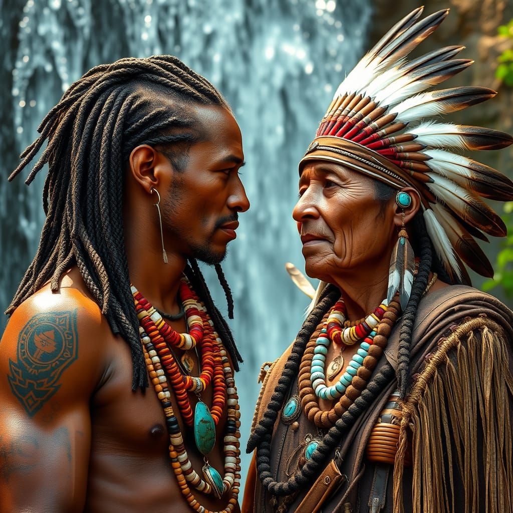 Men of Two Cultures Unite Under the Waterfall