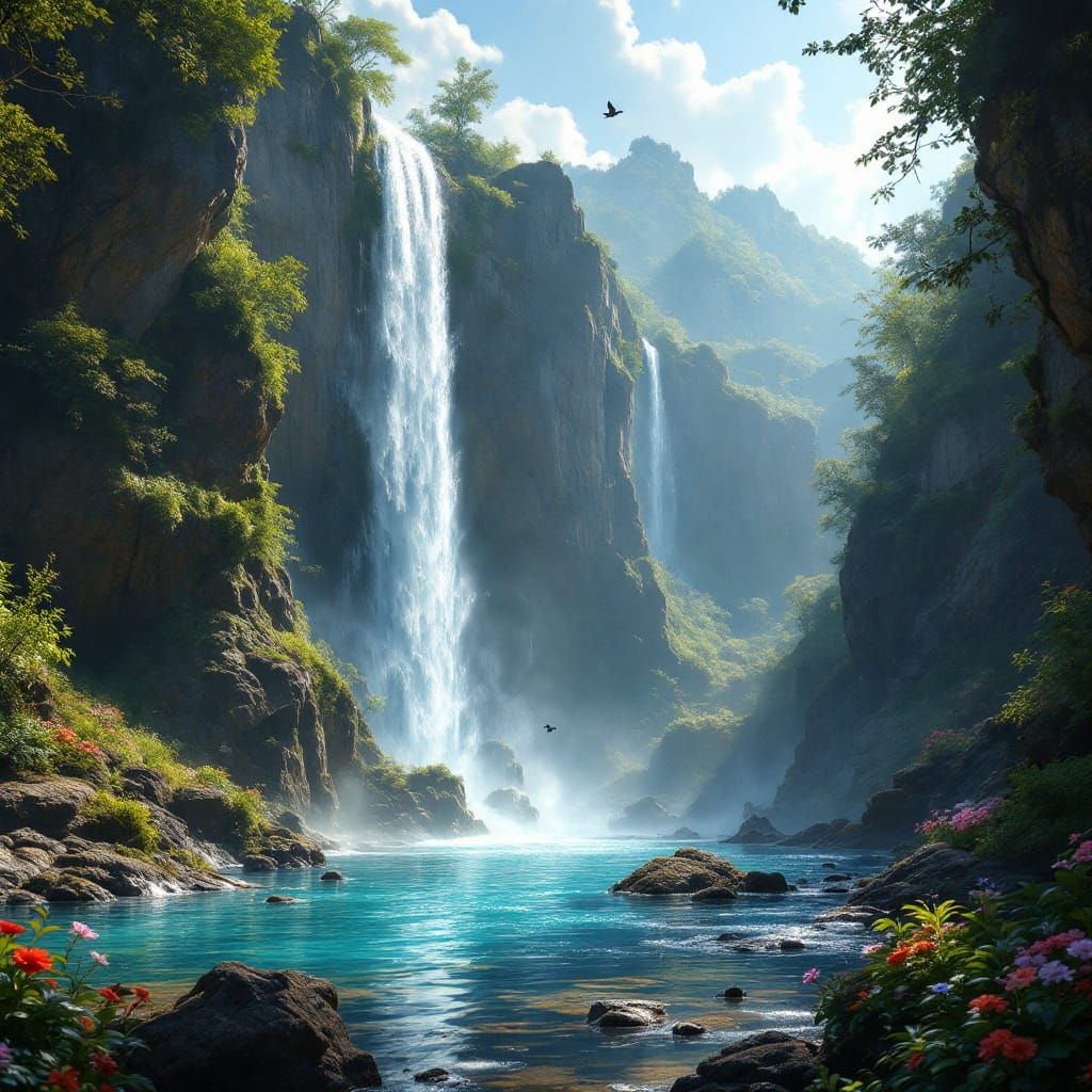 Surreal Waterfall Landscape in Hyperrealistic Style