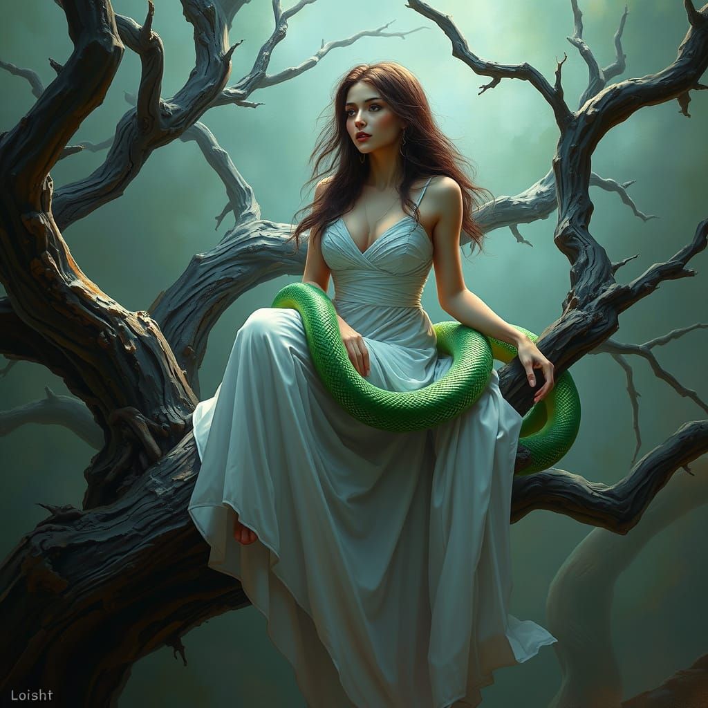 Woman and Snake in Tree, Digital Painting