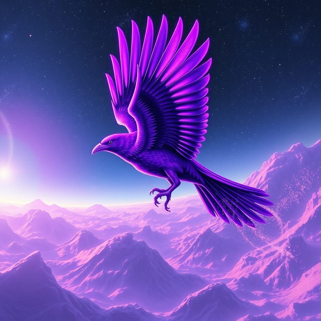 Purple Bird Soaring Through Cosmic Expanse
