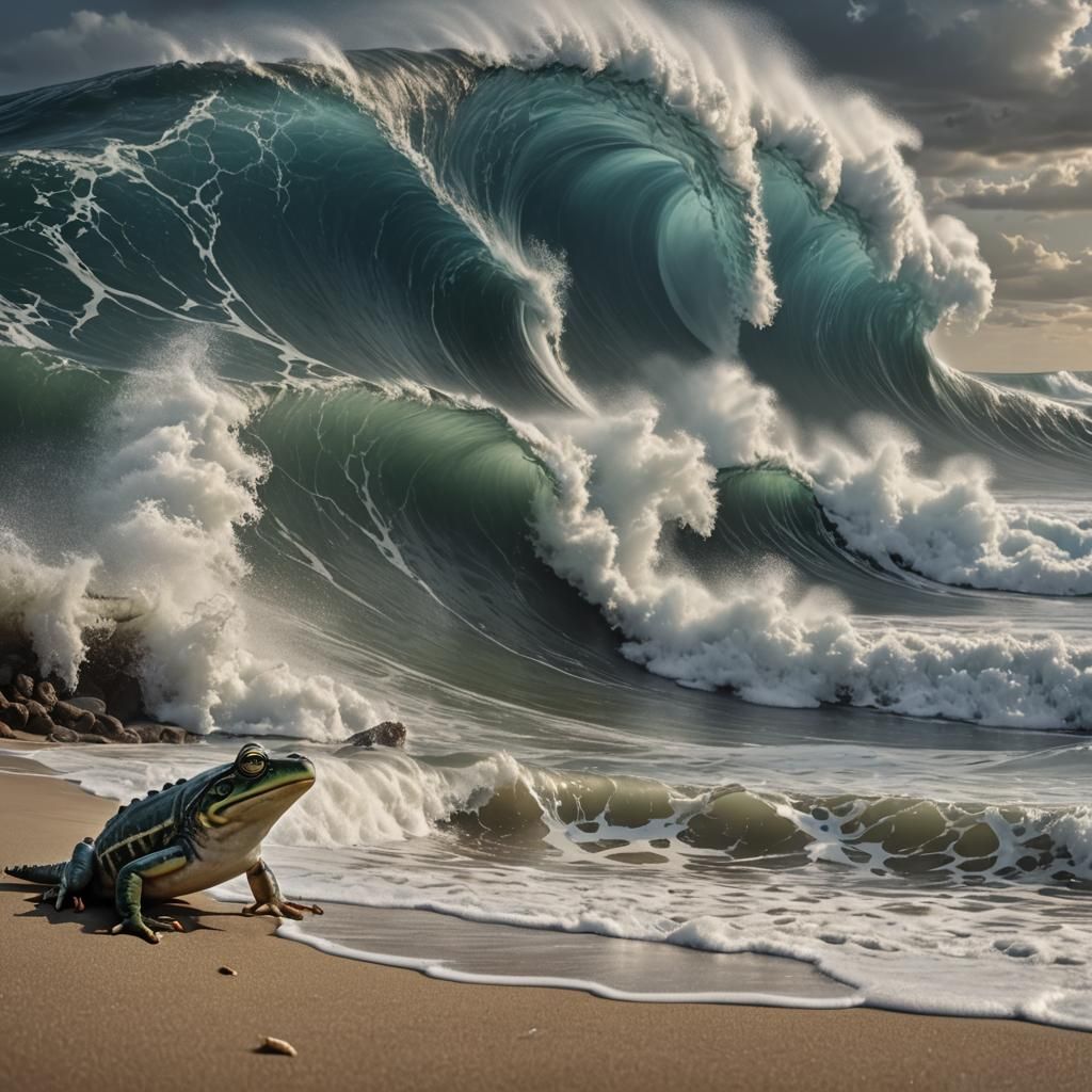 Hyperrealistic Frog Observes Shark in Giant Wave