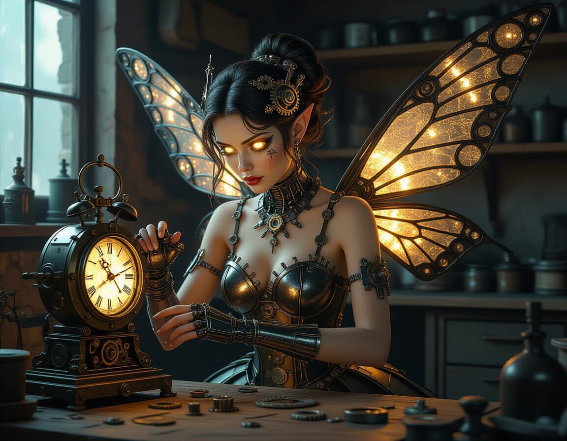 Mechanic Fairy Tinkering with Clockwork in Baroque Style