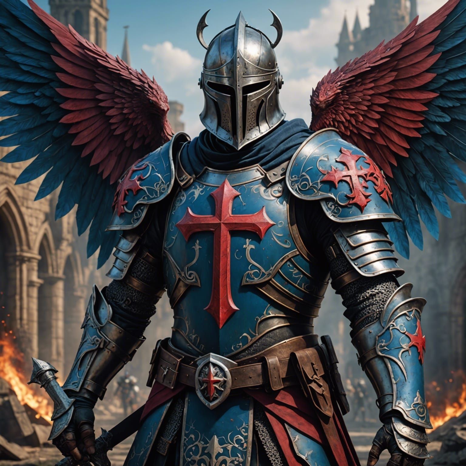 Armored Knight with Templar Cross and Wing Tattoos