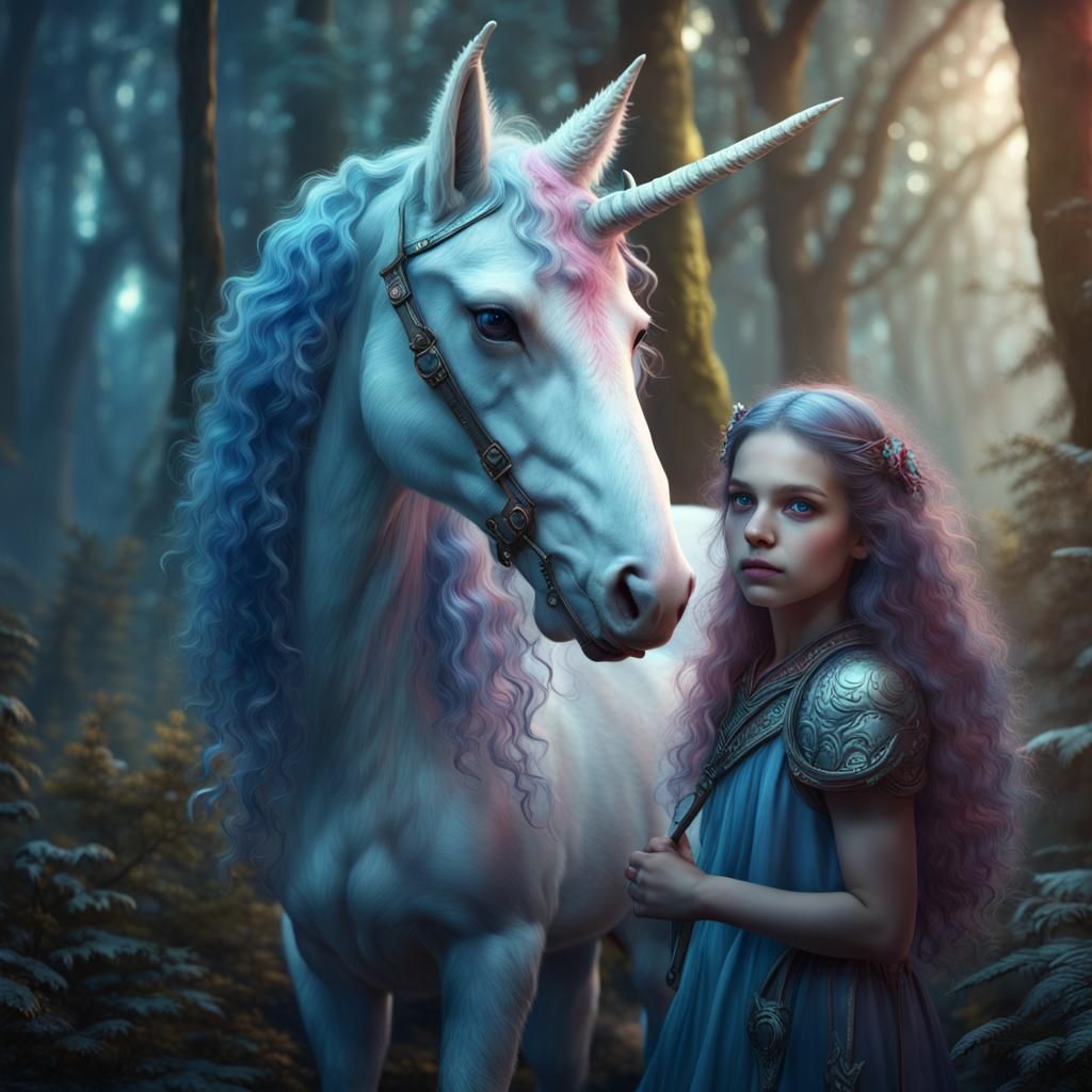 Girl with Unicorn in Magic Forest: Fantasy Art