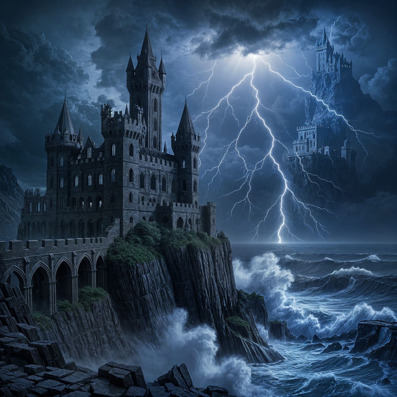 Gothic Castle on Rocky Cliff Overlooking Stormy Sea