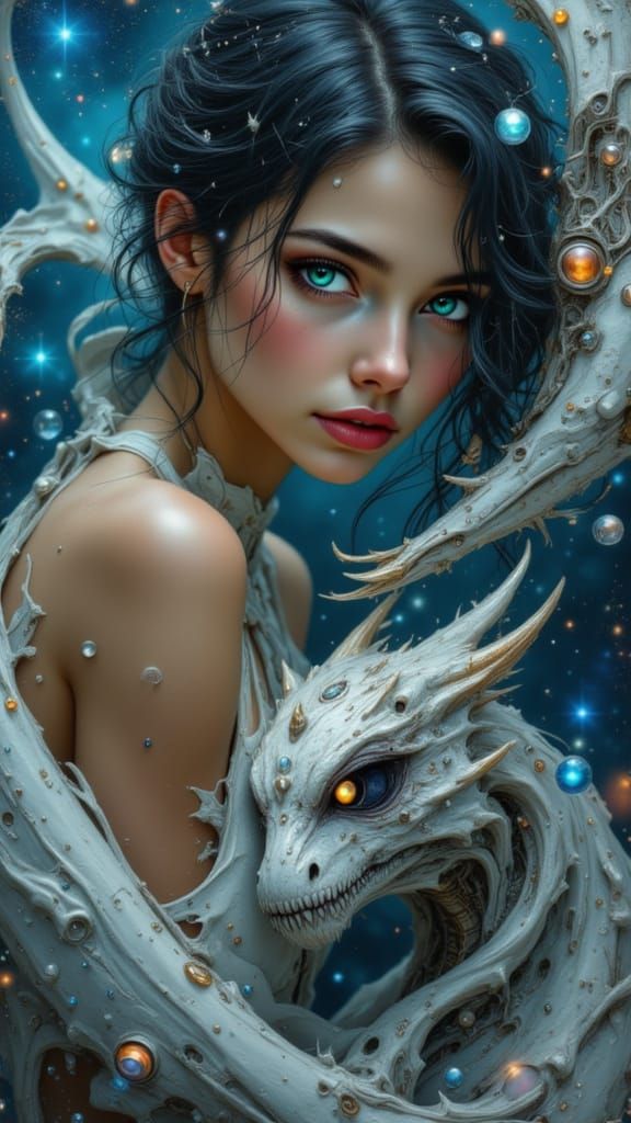 Sad Sci-Fi Cyborg Girl with Monster Friend in Nebula