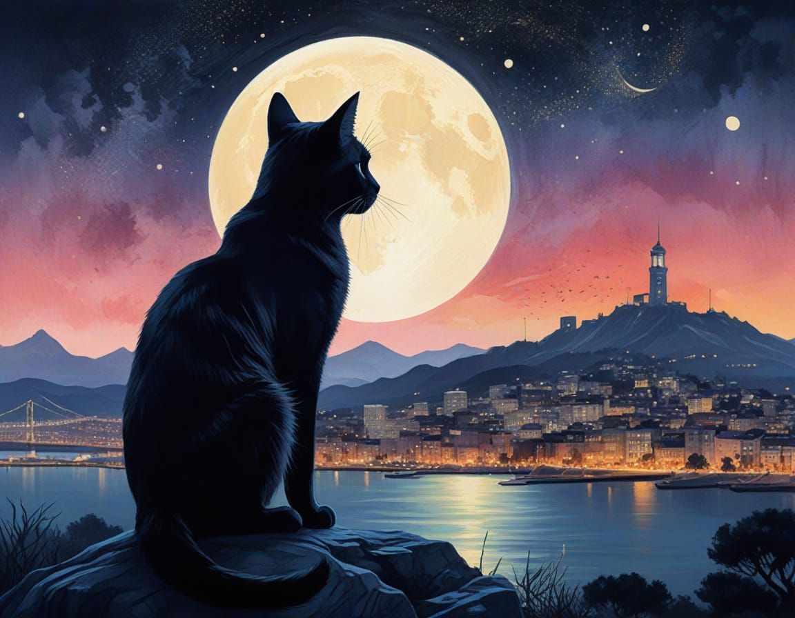 Surreal Cityscape with Elegant Cat Silhouette under Golden M...