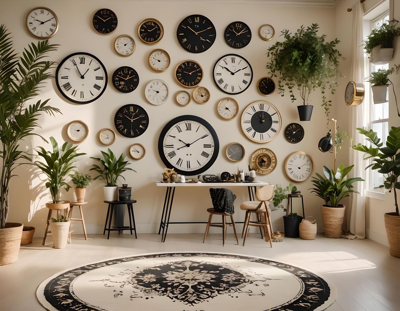 Cream Art Studio with Black and Gold Clocks