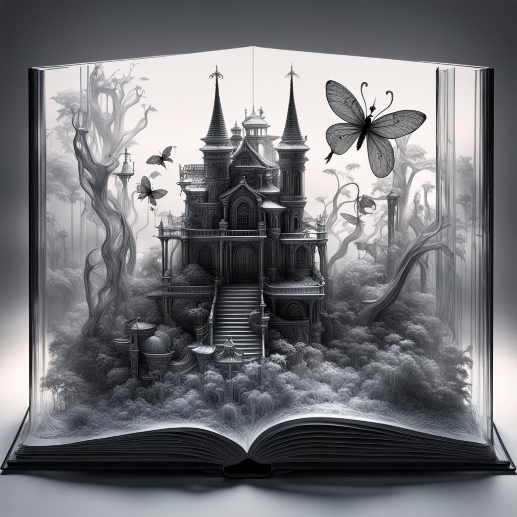 Surreal 3D Fairy Book in Glass, Neon World
