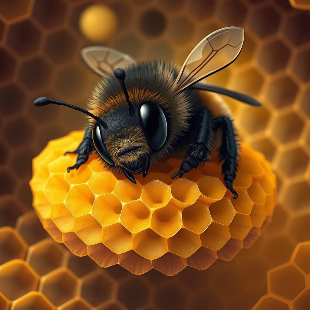 Sleepy Bumblebee on Honeycomb Pillow, Digital Art