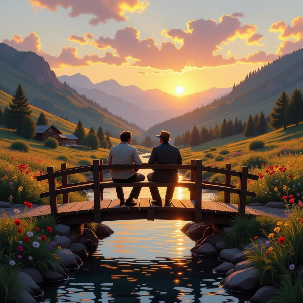 Romantic Realism Village at Sunset Over Wooden Bridge