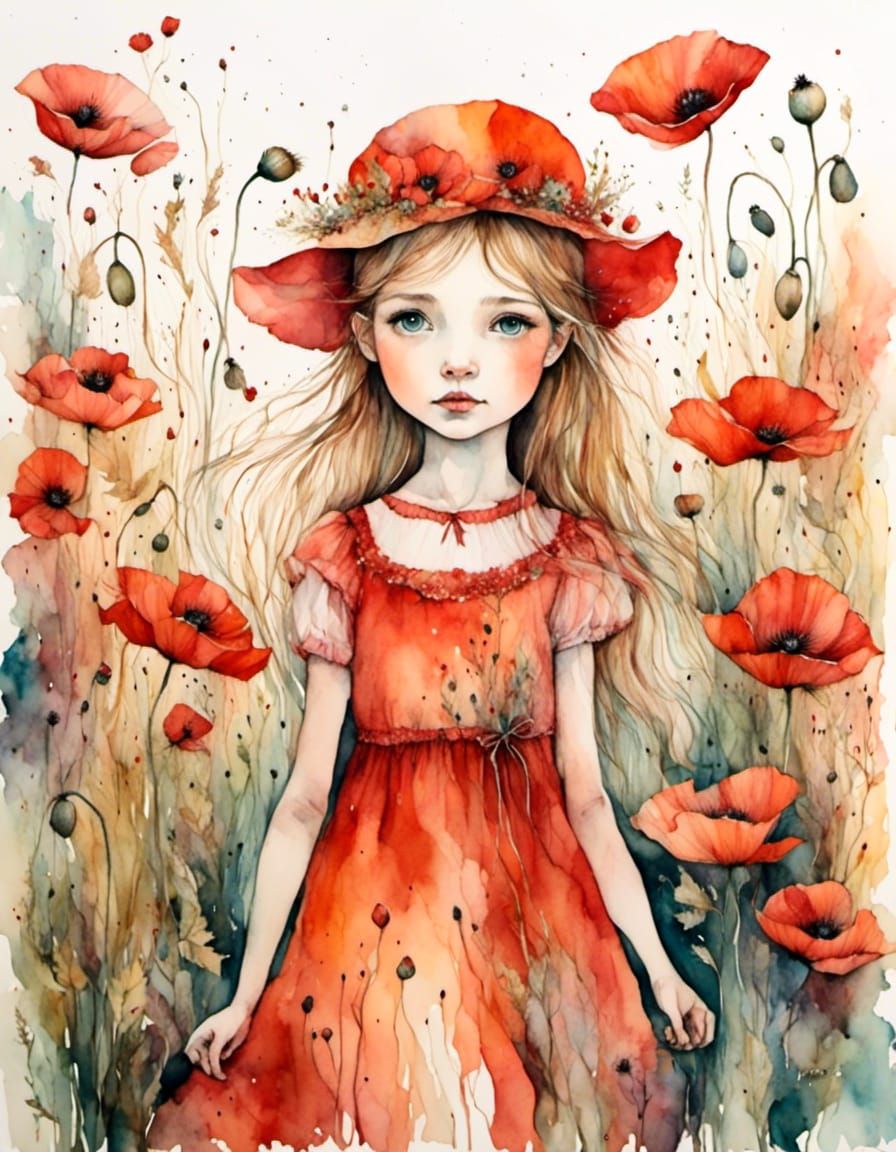 Little Girl Among Poppies in Watercolor Style