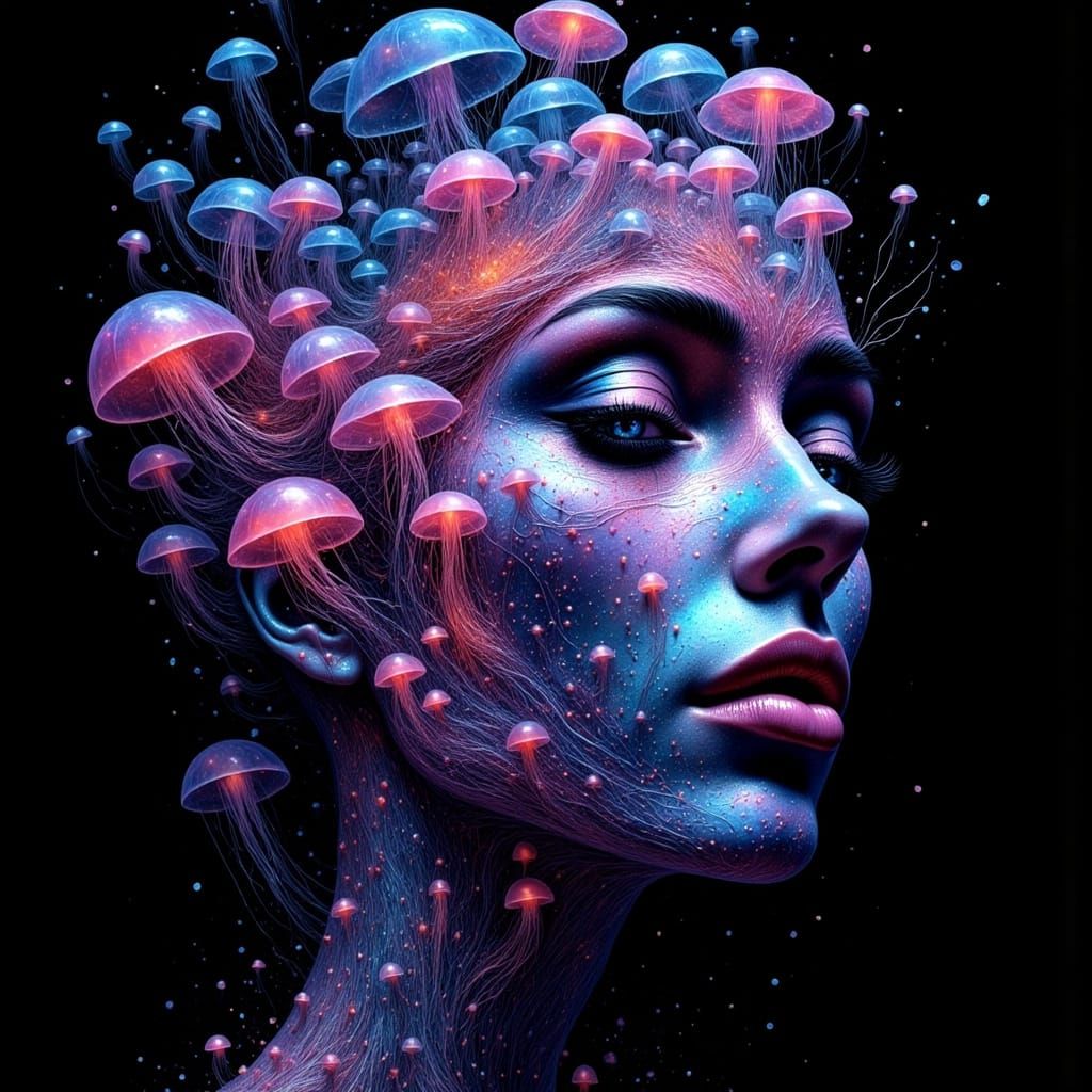 Ethereal Goddess Emerging from Iridescent Jellyfish