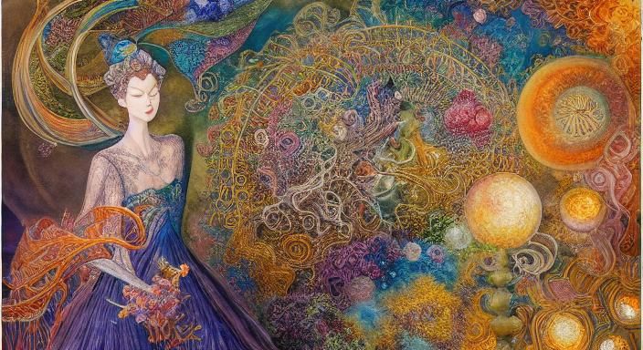 Surreal Space Walk Among Sun and Moon Flowers