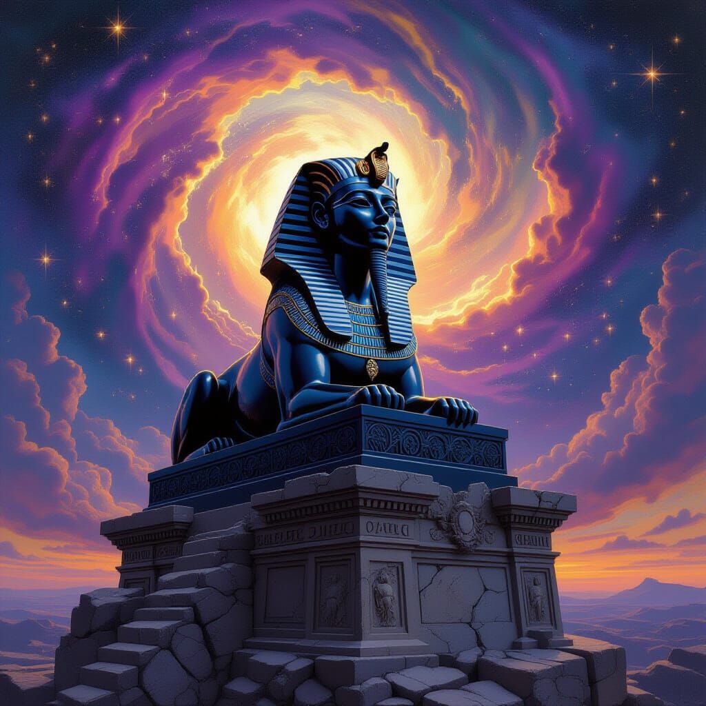 Obsidian Sphinx on Celestial Observatory in Cosmic Sky