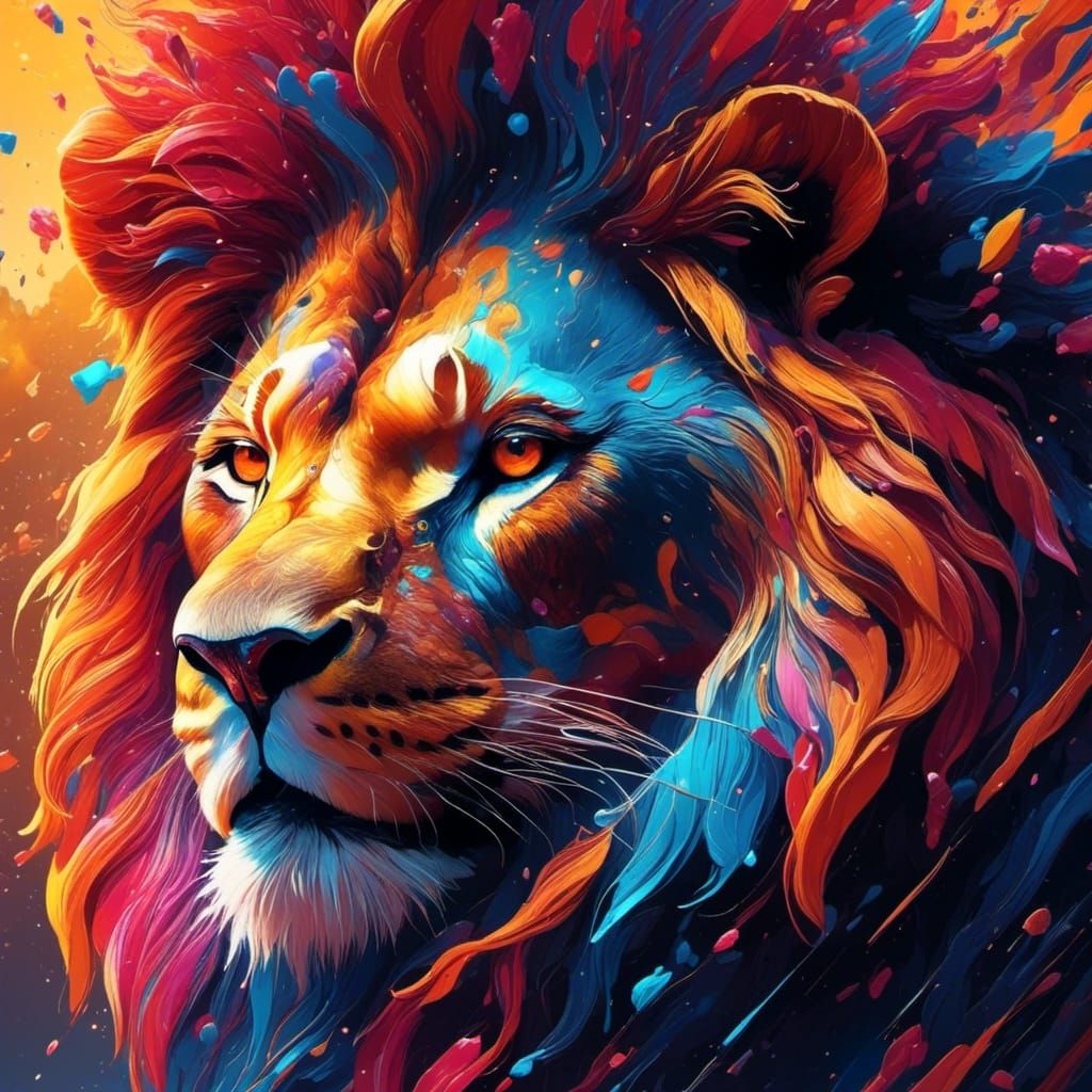 Man with Lion Face in Hyperrealistic Splash Art