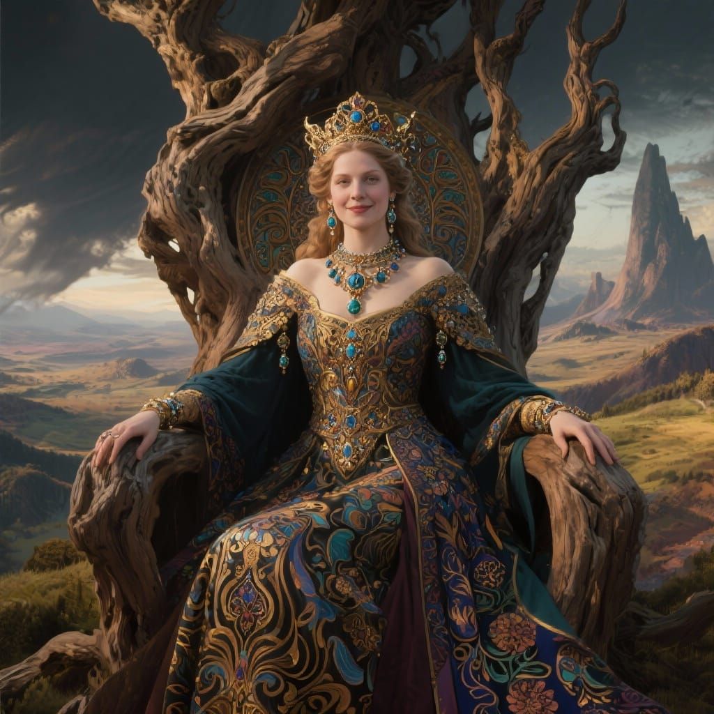 Majestic Queen on Gnarled Throne, Art Nouveau Fantasy